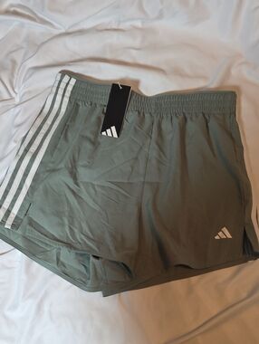 Adidas Women's Olive Green Running Shorts with White Stripes Medium 12/14